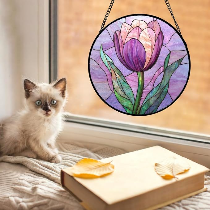 DASTOLL Stained Glass Window Hanging Purple Tulips Flower 7.8" - Image 2