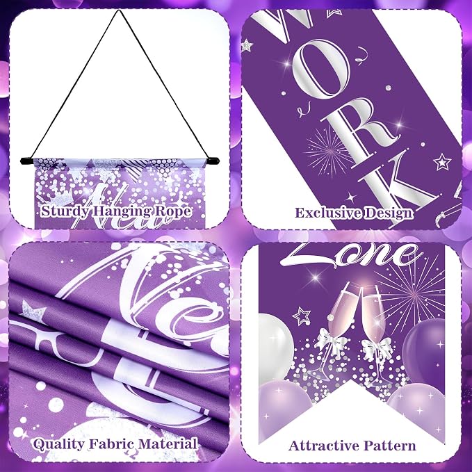 3Pcs Retirement Porch Sign Banner Purple Silver Happy Retirement Door Hanging - Image 3