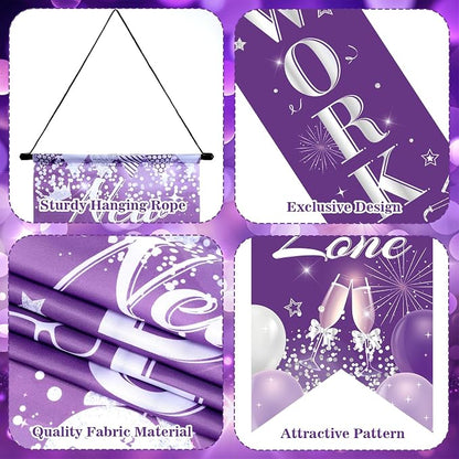 3Pcs Retirement Porch Sign Banner Purple Silver Happy Retirement Door Hanging - Image 3