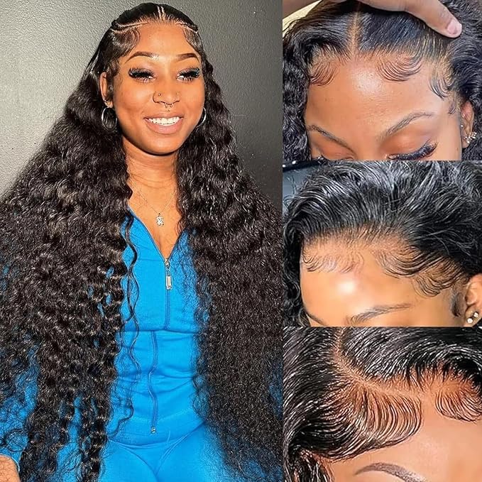 34 Inch Deep Wave Lace Front Wigs Human Hair Pre Plucked 200% Density 13x6 HD Lace Frontal Wigs with Baby Hair Deep Curly Wet and Wavy Glueless Wigs for Women (Natural Black, 34 Inch)