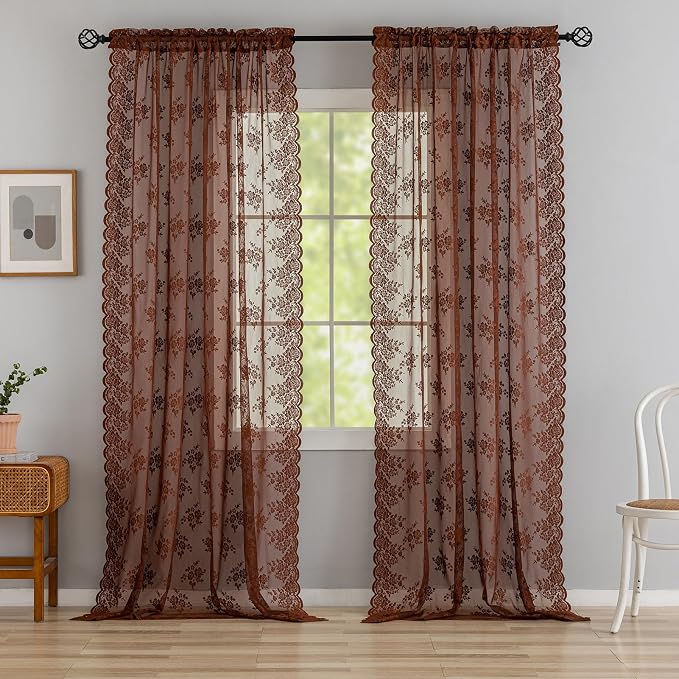Kotile Warm Brown Floral Lace Curtains - Image 8