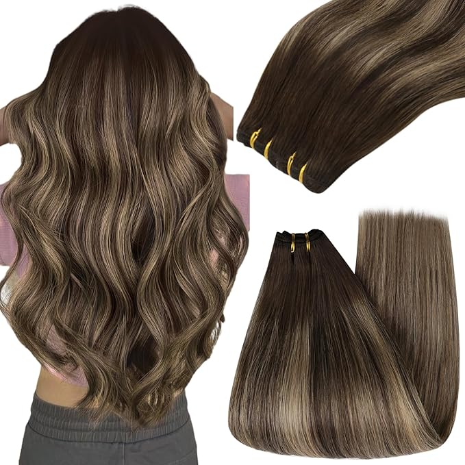 YoungSee 24Inch Weft Hair Extensions Human Hair Brown Balayage Double Weft Human Hair Extensions Dark Brown with Caramel Blonde Balayage Sew in Hair Extensions for Long Hair 100G