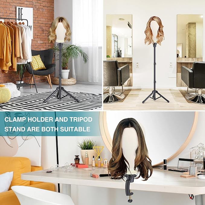 Wig Stand with Head 50 Inches, Wig Head Stand with 22 Inches Mannequin Head, Height Adjustable Metal Tripod Wig Stand, Manikin Head Set for Wigs Display Making Hair Weave and Styling