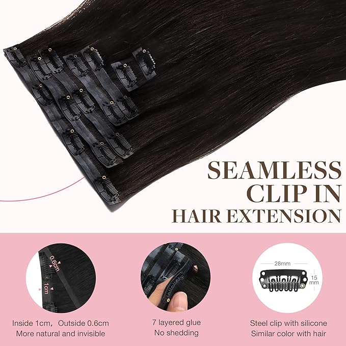 GOO GOO Clip in Hair Extensions Real Human Hair, Remy Human Hair Extensions Clip ins for Women, Natural Human Hair, 20inch 110g 7Pcs, 2 Dark Brown