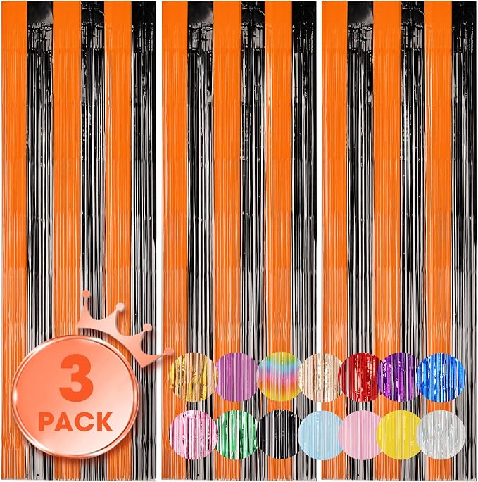 Voircoloria Black Orange Foil Fringe Backdrop Curtains, 3 Pack | Tinsel by Voircoloria