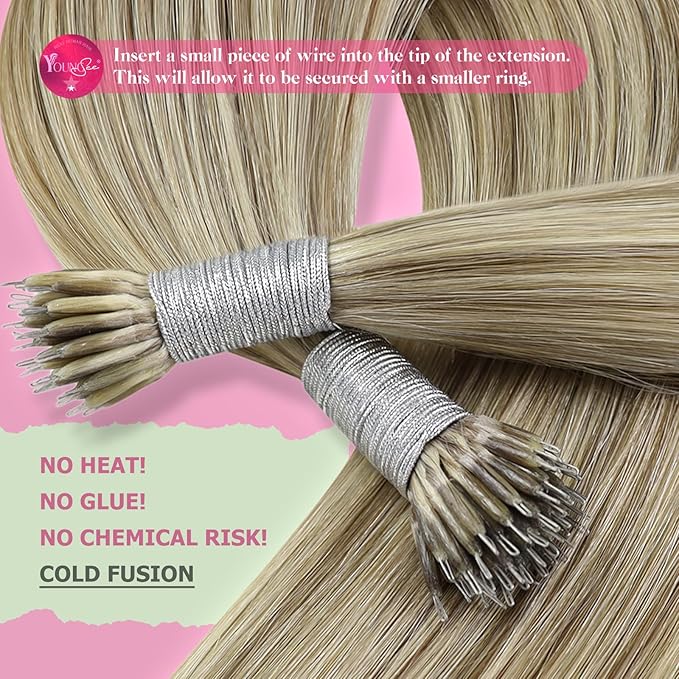YoungSee Nano Extensions Human Hair Highlight Light Brown and Platinum Blonde Nano Bead Hair Extensions Human Hair Light Brown Nano-Tip Cold Fusion Hair Extension for Daily Use 14inch 50s 50g