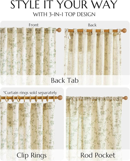 jinchan Green Floral Linen Curtains 63 Inch Farmhouse Back Tab 2 Panels | - Image 8