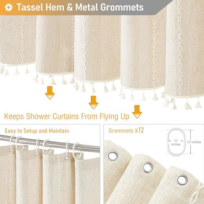 72x78 Long Boho Farmhouse Linen Heavy Duty Shower Curtain, Cream/Beige | Tall - Image 5