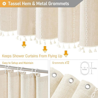 72x96 Extra Long Boho Linen Heavy Duty Shower Curtain Set, Cream/Beige | Extra - Image 5