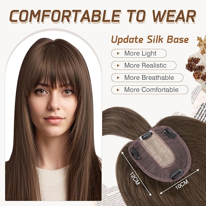 Rich Choices Real Human Hair Toppers for Women With Bang 100% Remy Human Hair Topper for Thinning Hair Clip in Silk Base Hair Topper 6 Inch #2R Chocolate Brown