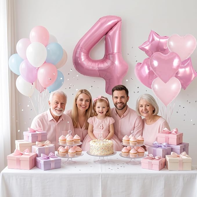TONIFUL 4th Birthday Balloons Kit 40 Inch Pink Large Number 4 Foil Balloon | - Image 6