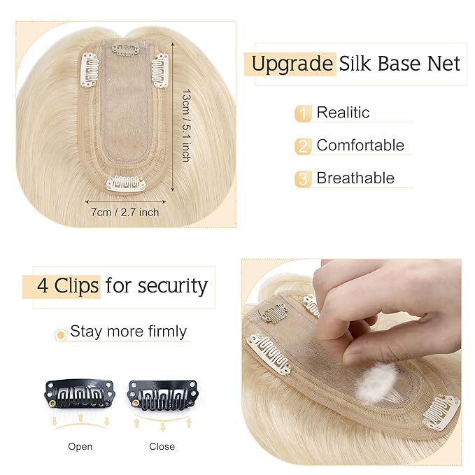 SEGO Human Hair Toppers for Women With Thinning Hair, 7 * 13CM Silk Base 100% Real Human Hair Clip in Top Wiglet Hairpieces /8 Inch No Bangs Platinum Blonde