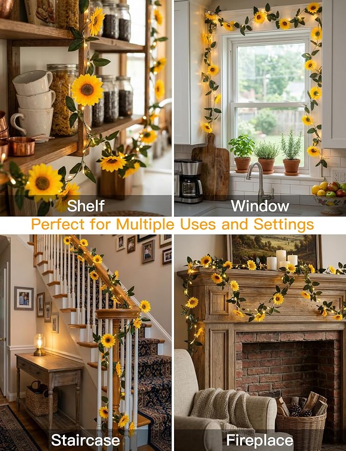 Sunflower Garland with 60LED Fairy Light Battery Operated Clear Wire | Vines - Image 2