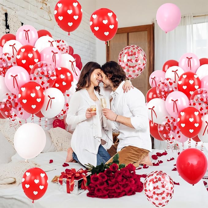 60 Pcs Pink and Red Balloons, 12 Inch Red Heart Printed Latex Balloon, Pastel - Image 6