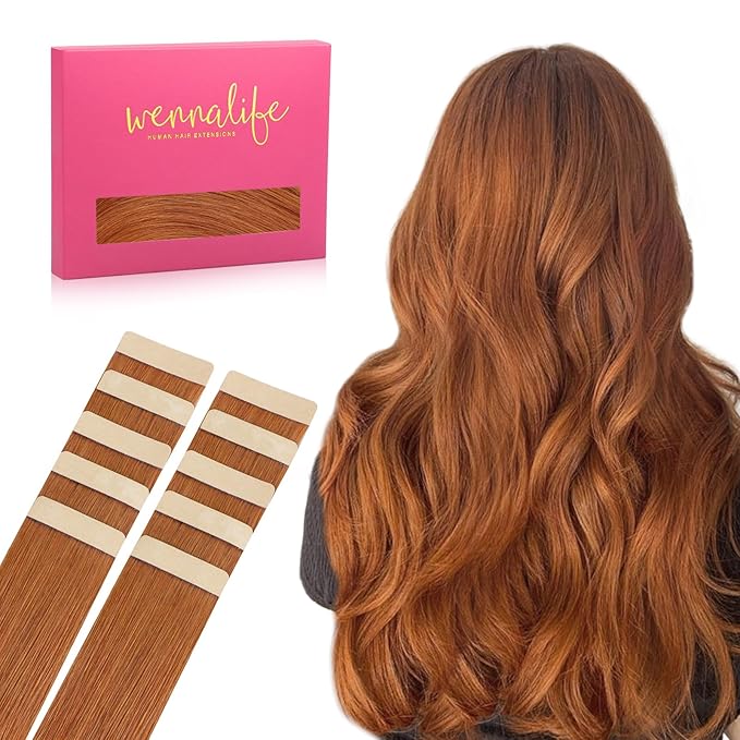 WENNALIFE Tape in Hair Extensions Human Hair Dirty Ginger Tape in Extensions, 10pcs 25g 18inch Remy Invisible Tape Ins Straight
