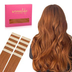 WENNALIFE Tape in Hair Extensions Human Hair Dirty Ginger 10pcs 25g 16 inch Remy Invisible Tape Ins Straight Colored Soft Real Human Hair Tape in Extensions Refill Set Extensions