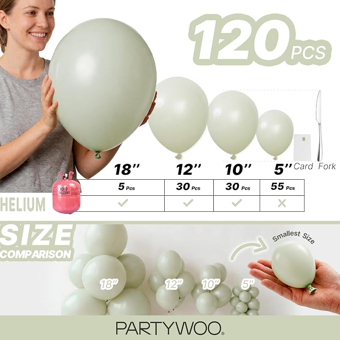 PartyWoo Sage Green Balloons 120pcs Dusty Boho Green Color 18 12 10 5 Inch | 18 - Image 6