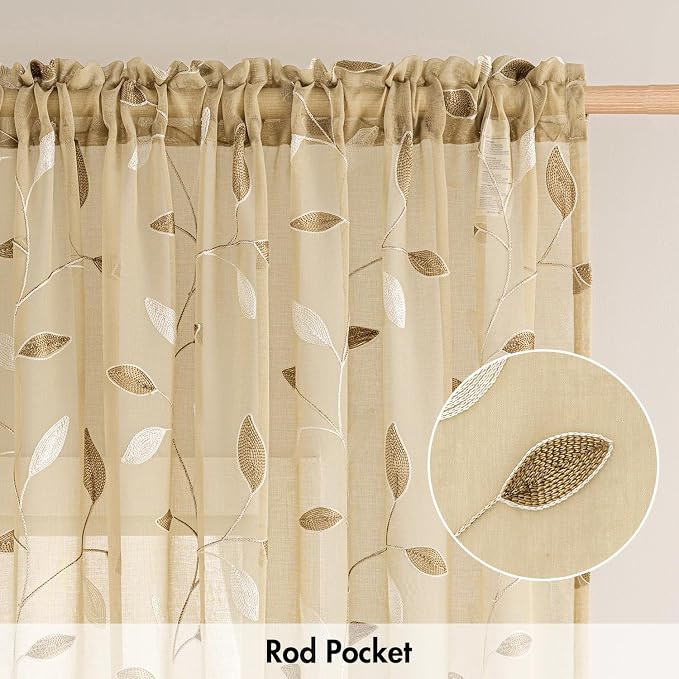 MIULEE Beige Sheer Curtains 2 Panels Leaf Patterned, W30 x L30 | Embroidered - Image 6