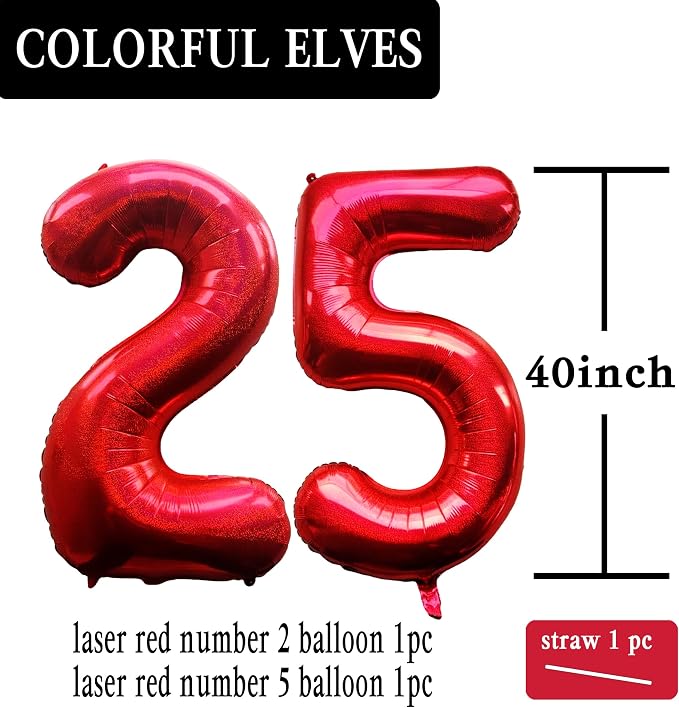 Laser Red Number 25 Balloons 40 Inch Giant Number Red 25 Foil Mylar Balloons - Image 2
