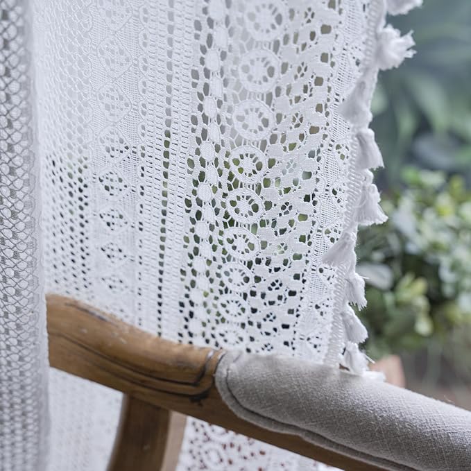 Sutuo Home White Boho Curtains Crochet Lace Semi-Sheer Bohemian Hollow Knitted - Image 7