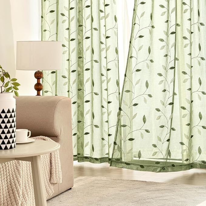 MIULEE Sage Green Sheer Curtains 2 Panels Leaf Patterned, W52 x L54 | - Image 3