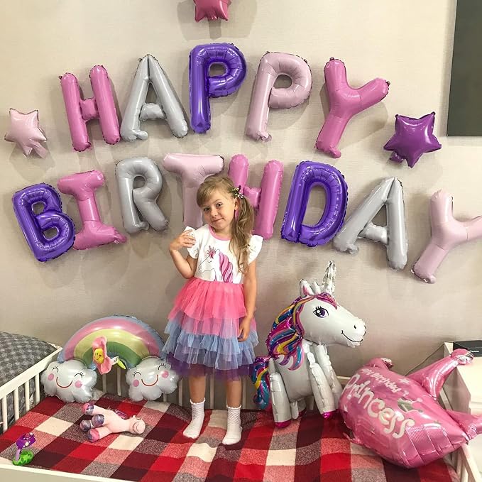 Purple Pink Happy Birthday Balloon Banner, 16 Inch Foil Mylar Happy Birthday - Image 2