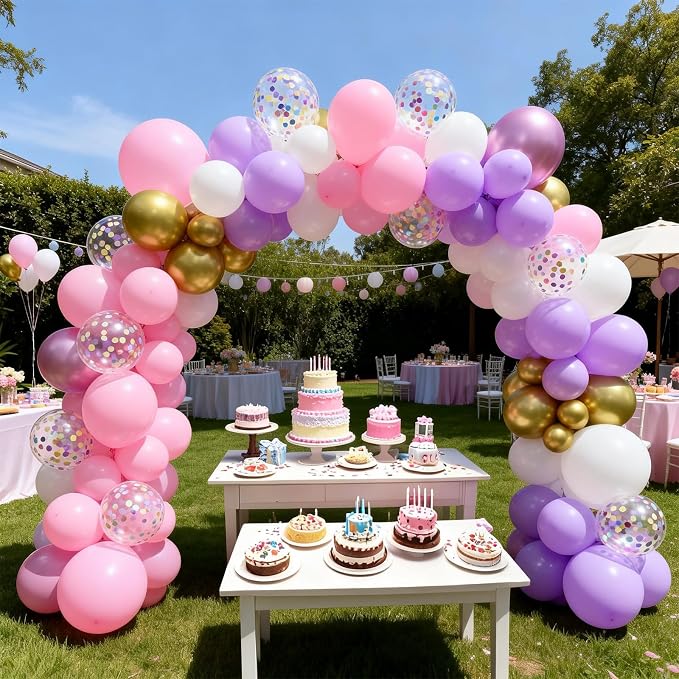 Pink Purple Balloons, 12 Inch Metallic Gold Colorful Confetti Latex Balloons - Image 6