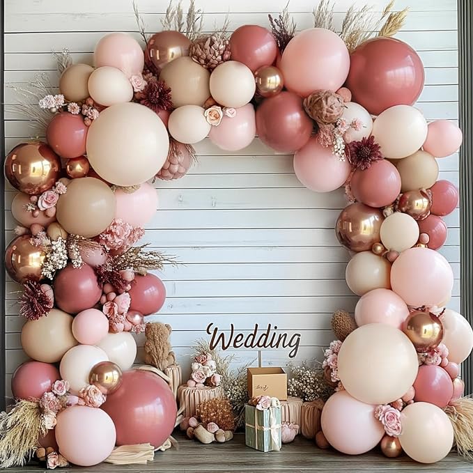 Pink Brown Gold Balloons Arch Kit, Double Stuffed Pastel Balloons Garland Rose by Bloces