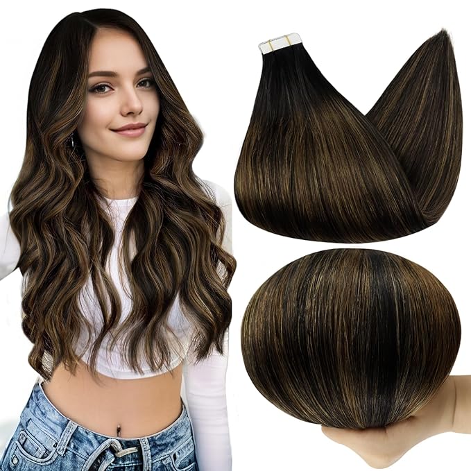 Full Shine Tape in Hair Extensions Human Hair 22 Inch 1B Off Black Fading To 6 Brown and 1B Black Balayage Tape in Extensions Remy Hair Seamless Tape Extensions Tape ins 50G 20 Pcs