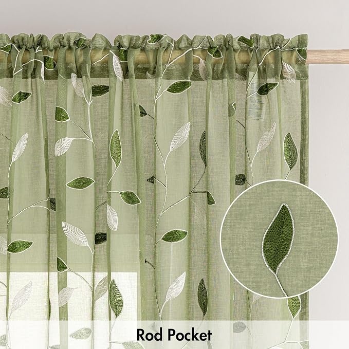 MIULEE Sage Green Sheer Curtains 2 Panels Leaf Patterned, W52 x L54 | - Image 6