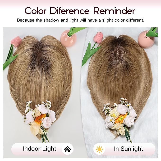 EMMOR Human Hair Toppers for Women Short Bob Real Hair with Bangs 10" Side Part Hairpieces for Women with Thin Hair 6.5" × 6.5" Larger Base Human Wig Toppers(Ombre Light Brown)