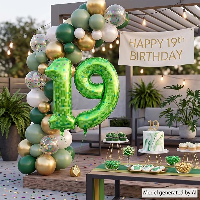 40 Inch Lime Green Pixel Number 19 Balloon, Final Teen Gamer Bday Decor | 40" - Image 7