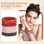 Braided Hair Ties No Damage, Soft Plush Hair Elastics, Ponytail Holders & Hair Bands for Women & Girls, Thick Hair, Stretch Wrist Bracelet Ties, Gentle All-Day Hold, Set of 10 - Ember Glow