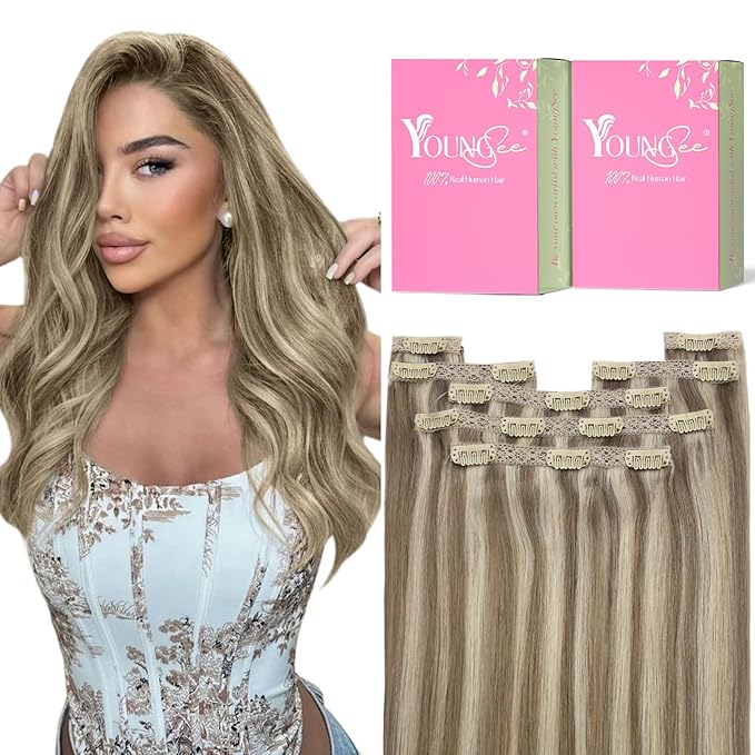 YoungSee Hair Extensions Clip ins Light Brown Clip in Extensions Highlight Clip on Hair Extensions Human Hair Light Brown with Blonde Highlights for Beginners 16Inch 7Pcs 120G