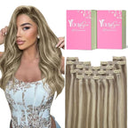 YoungSee Hair Extensions Clip ins Light Brown Clip in Extensions Highlight Clip on Hair Extensions Human Hair Light Brown with Blonde Highlights for Beginners 16Inch 7Pcs 120G