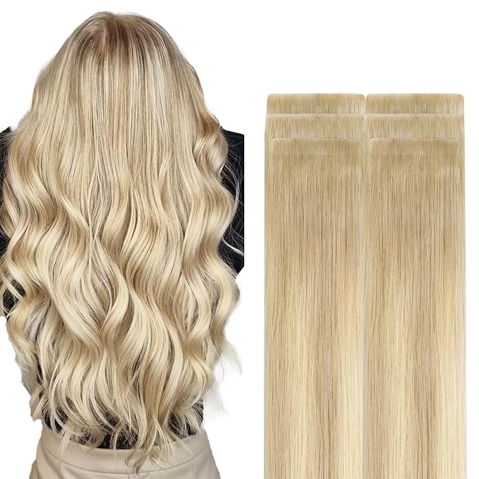 GOO GOO Invisi Edge Tape in Hair Extensions Human Hair, 18ET90A Natural Blonde Balayage, 6pcs 10inch 15g, Virgin Remy Hair, Seamless Injected Tape, Natural Look