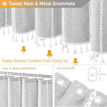 48 x 72 Boho Linen Heavy Duty Cloth Shower Curtain Set, 330GSM Linen Blend - Image 5