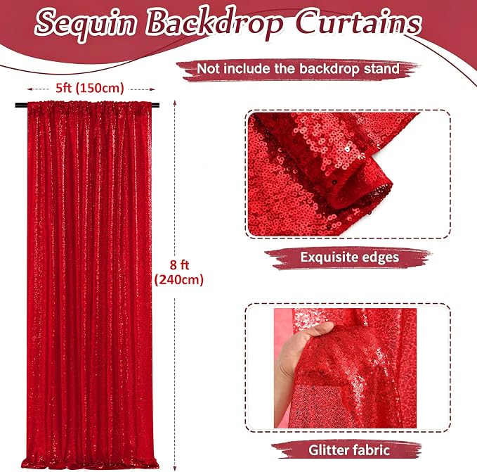 Red Sequin Backdrop Curtains-1 Panel 5FTx8FT Red Backdrop - Image 3