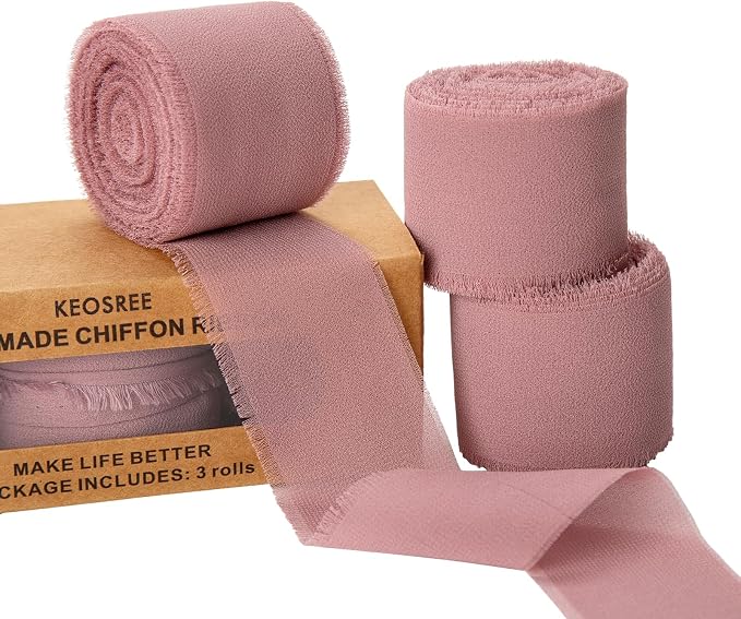 KEOSREE 3 Rolls Dusty Rose Handmade Chiffon Ribbon, 1.5" x 21Yd | Frayed Fringe by KEOSREE