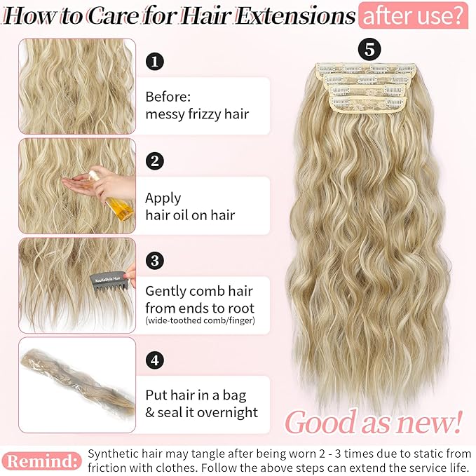 KooKaStyle Beach Blonde Hair Extensions Clip in Synthetic Highlight Hair Extensions Long Wavy 4PCS Thick Hairpieces 24 Inch Beach Blonde for Women