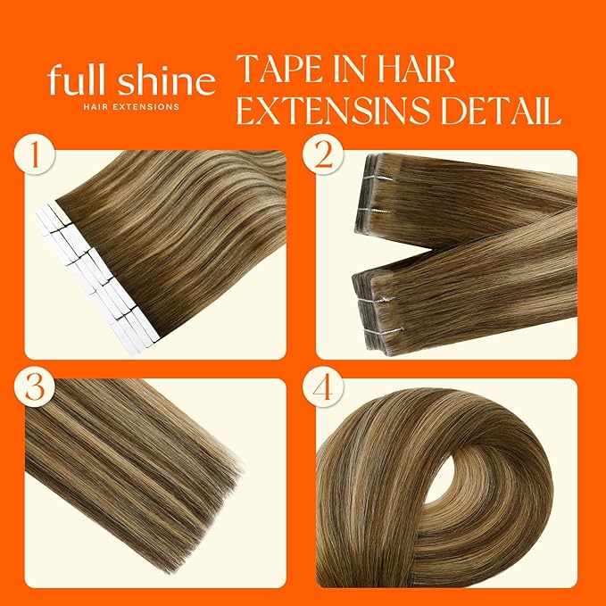 Full Shine Seamless Injection Tape in Extensions Color 4/24/4 Brown Fading to Blonde and Brown 24 Inch Invisible Machine Remy Thick Tape in Hair Extensions Human Hair 20 Pcs Silky Straight 50G