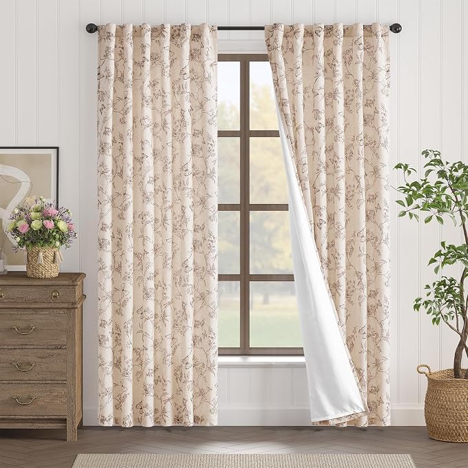 Taupe Floral Linen Lined Curtains Rod Pocket 50W X 84L 2 Panels | Charlotte - Image 2