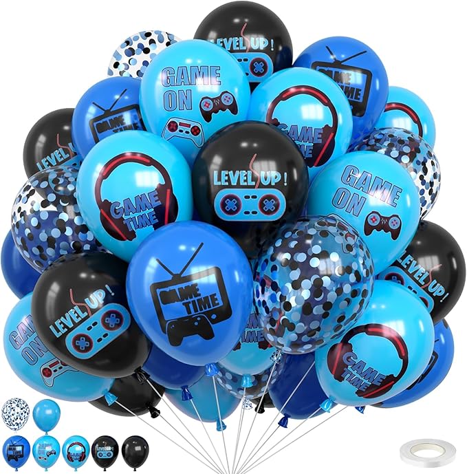 Video Game Balloons, 12 Inch Blue and Black Game Theme Printed Balloons by FEYG