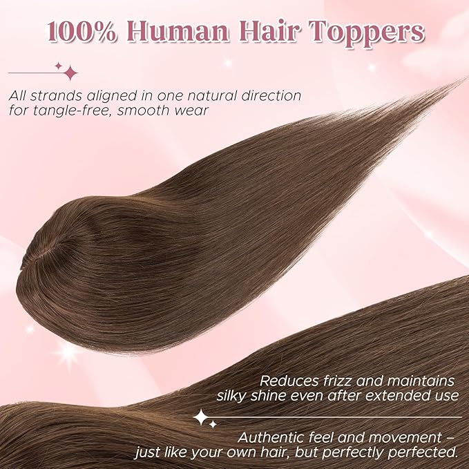 Real Human Hair Toppers for Women 3.54"*4.72" Silky Base 150% Density With Bangs Adjustable Parting Clip-In Topper Hairpieces for Women with Thinning Hair 16 Inches Dark Brown