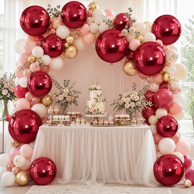 10Pcs Red Round Foil Balloons, Metallic Silver Dark Red Foil Baloon - Image 8