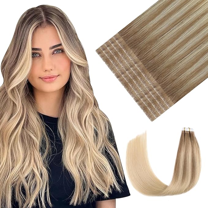 Youngsmile Invisible Tape in Hair Extensions Human Hair #8T60 Ash Brown to Platinum Blonde Balayage Injection Tape in Hair Extensions 20pcs 30g 14 Inch (#8T60,14'')