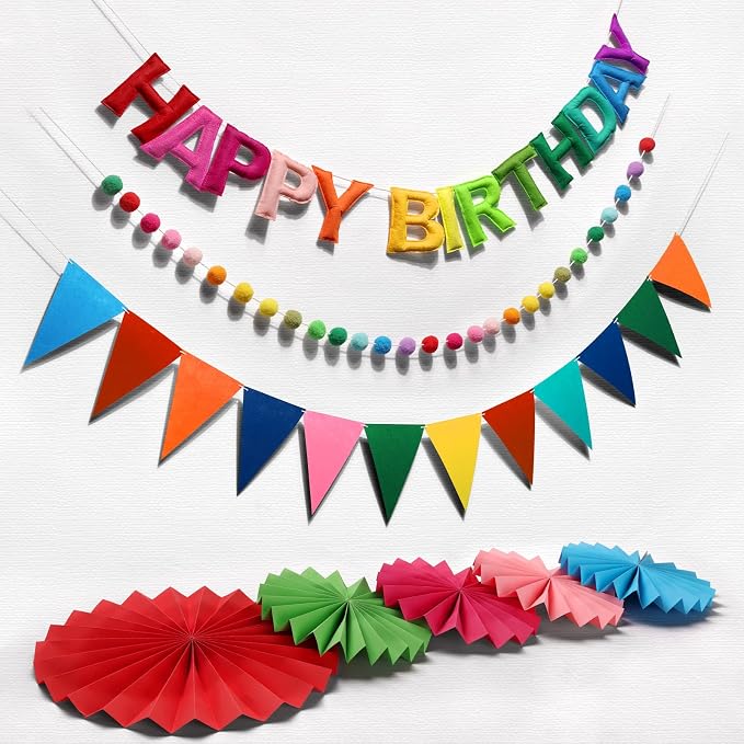 Rainbow 3D Happy Birthday Banner, Pre-Strung Felt Party Decorations | by Danadia
