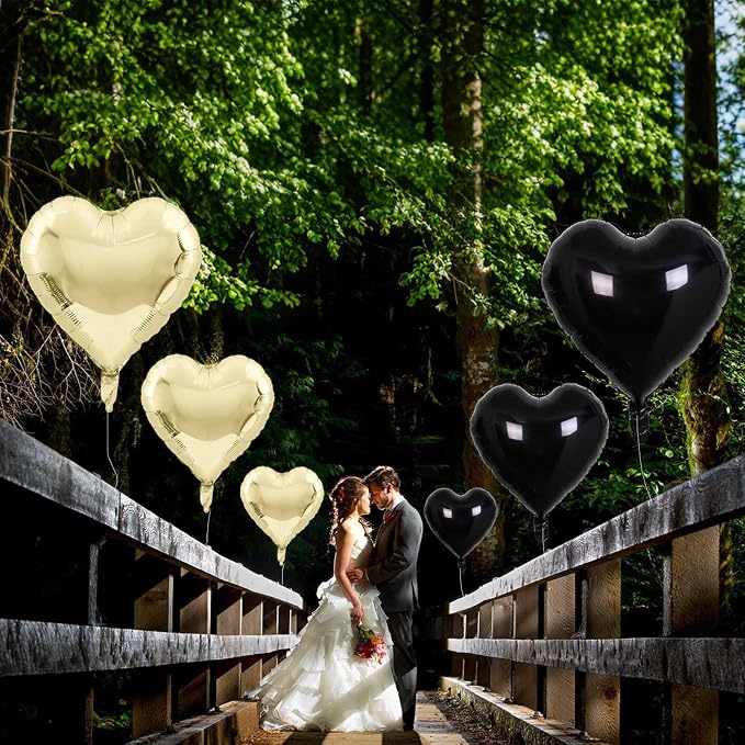 Black Gold Foil Heart Balloons, 18 Inch 10 Pcs Light Gold and Black Heart Shape - Image 8