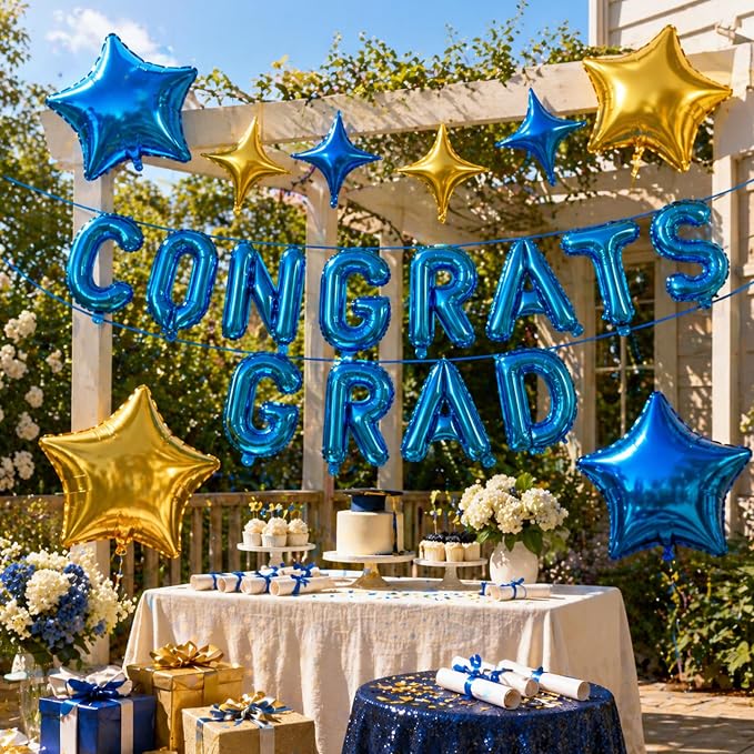 Congrats Grad Balloons, 16 Inch Blue Gold Congrats Grad Letters Banner Balloons - Image 4