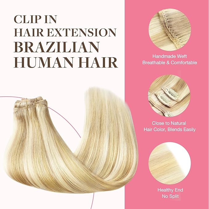 GOO GOO Clip in Hair Extensions Real Human Hair, Remy Human Hair Extensions Clip ins for Women, Natural Human Hair, 24inch 150g 9Pcs, #18D/22F Dirty Blonde Highlights